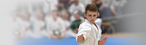 a young boy wearing a gi performs a karate move in front of a crowd of people