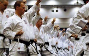a long row of men wearing karate gi all performing the same move together