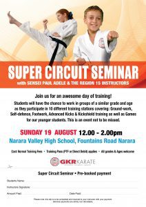 Flyer for Super Circuit Seminar with Sensei Paul Adele on the Cold Coast on Sunday August 19