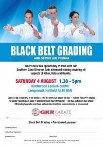 Flyer for Hatfield Black Belt Grading Saturday August 4th