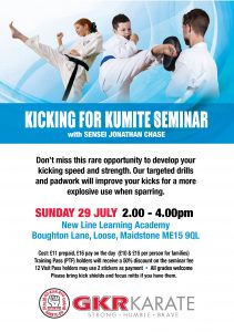 Flyer for Kicking for Kumite Seminar with Sensei Jonathan Chase on 29/7/18