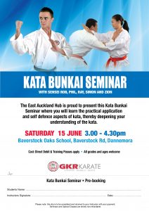 a poster showing three young adults performing karate moves to promote a kata bunkai seminar on saturday june 15 in dannemora