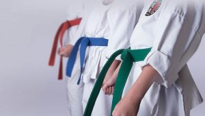 three children wearing gkr karate gi's standing next to each other
