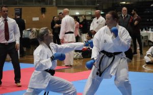 two black belts wearing gloves perform defensive stances