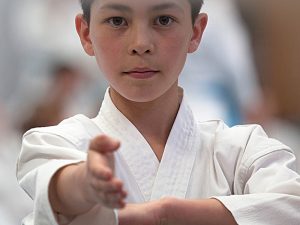 a small boy performs a karate stance