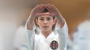 a young boy wearing a gi putting his hands up to make a triangle