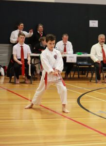 a young boy wearing a karate red belt performs a karate move