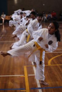 a row of children wearing yellow belts performing a karate kick