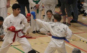 a group of children wearing different coloured belts, performing karate stances