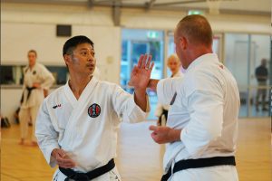 two people stand off doing karate