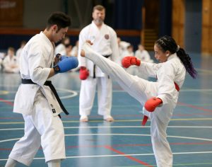 two students performing karate