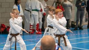 a young group of karate students performing