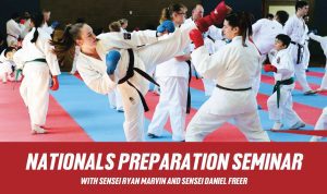 Nationals Preparation Seminar with text. Girl performing kick move at other girl