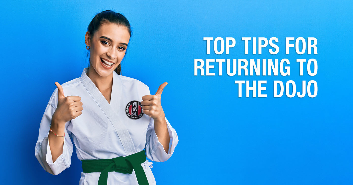 Woman in a GKR Karate gi with a green karate belt holding both thumbs up above an article on returning to karate training. The text on the image reads "Top tips for returning to the dojo".